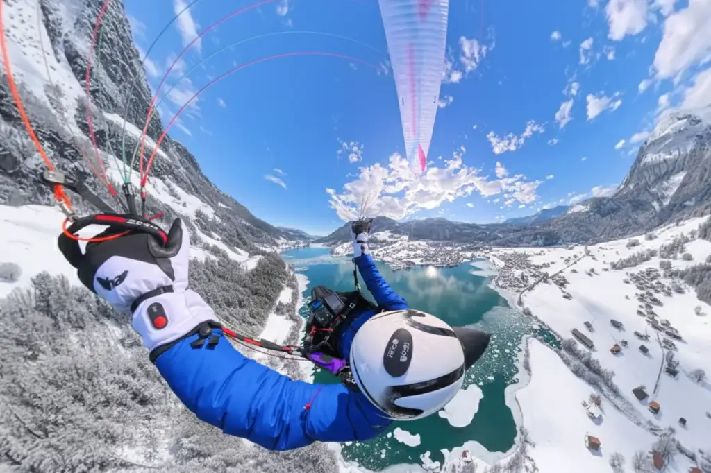 Parapentiste volant au-dessus d'un lac de montagne en hiver avec gants chauffants High Adventure Magic 2
