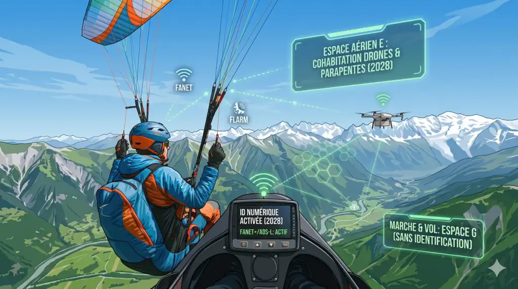Vue depuis le cockpit d'un parapente expliquant l'obligation d'identification numérique en espace E face aux drones, et l'exemption en espace G.