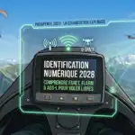 Instrument de vol libre affichant l'identification numérique ADS-L et FLARM pour 2028, connecté au réseau U-Space avec un drone en arrière-plan.