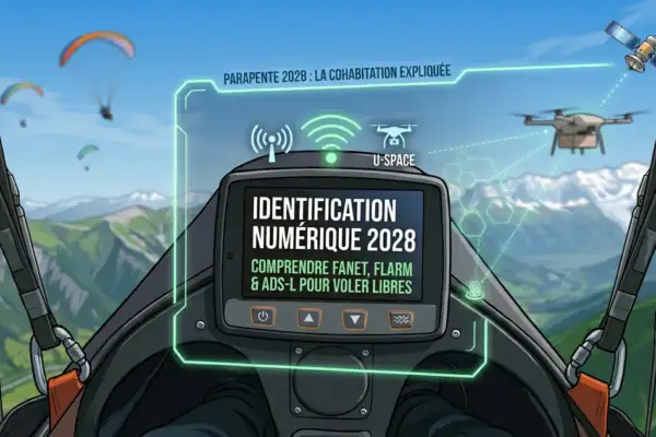Instrument de vol libre affichant l'identification numérique ADS-L et FLARM pour 2028, connecté au réseau U-Space avec un drone en arrière-plan.