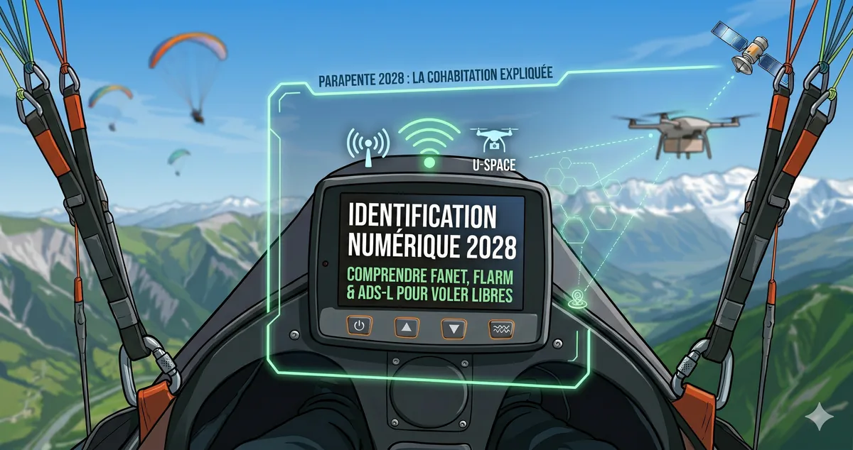 Instrument de vol libre affichant l'identification numérique ADS-L et FLARM pour 2028, connecté au réseau U-Space avec un drone en arrière-plan.