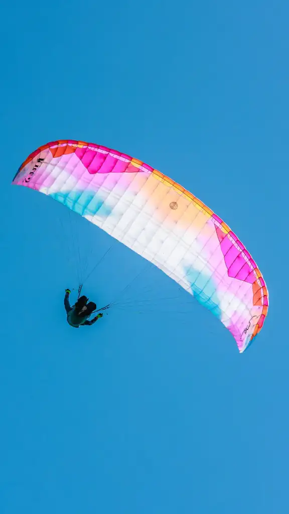Vue de dessous d’une BGD KISS 2 couleur Flamingo dans le ciel bleu