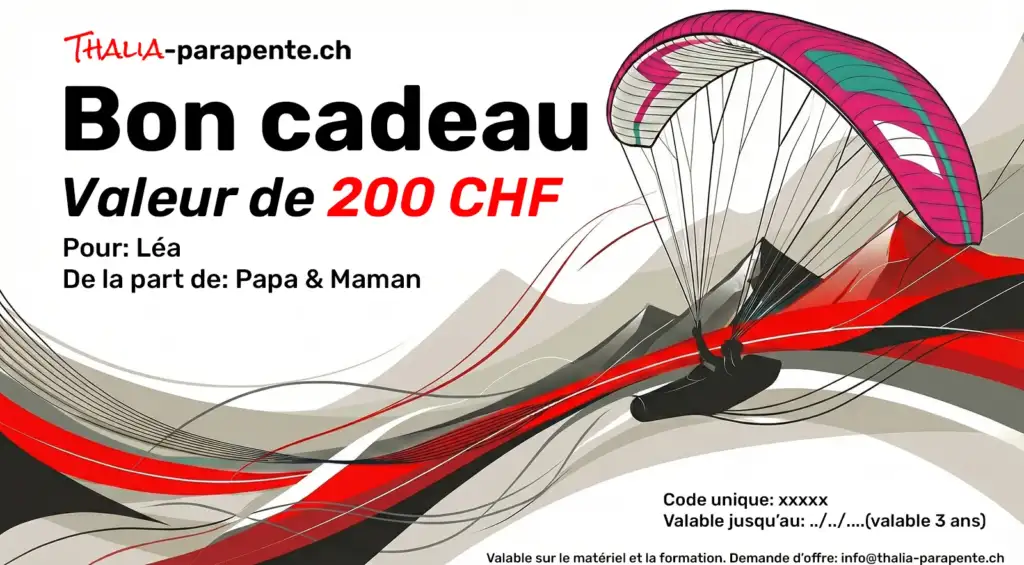 Exemple de bon cadeau parapente personnalisé valable pour du matériel ou une formation